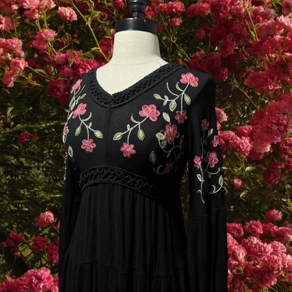 Black Floral Embroidered Tiered Midi Dress